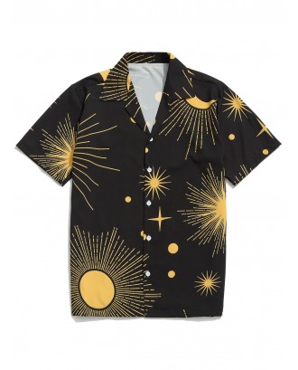 Sparkly Sun And Moon Print Short Sleeves Shirt - Black Xl