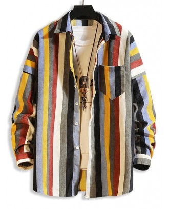 Colorful Striped Pockets Drop Shoulder Corduroy Shirt - Multi-b S