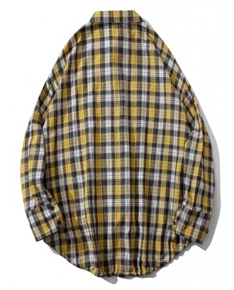 Plaid Chest Pocket High Low Drop Shoulder Button Shirt - Yellow M
