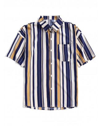 Vertical Striped Drop Shoulder Shirt - Dark Slate Blue L