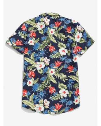 Tropical Plant Flower Palm Tree Print Hawaii Casual Shirt - Deep Blue M