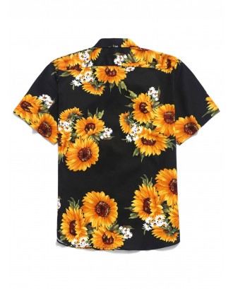 Sunflower Print Short Sleeves Shirt - Black M