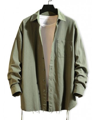 Solid Color Chest Pocket Fringe-trim Drop Shoulder Shirt - Army Green L