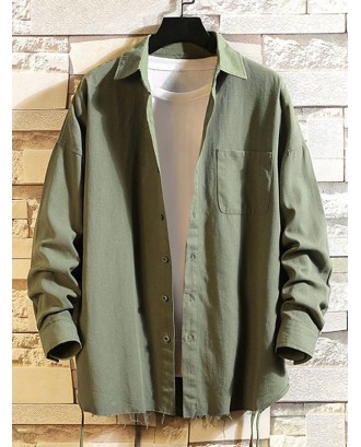 Solid Color Chest Pocket Fringe-trim Drop Shoulder Shirt - Army Green L