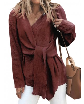Fashion V-neck Solid Color Waistband Sweater