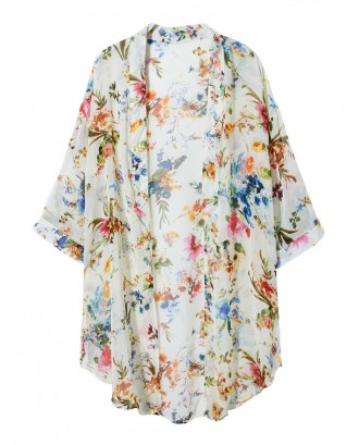 Multicolor Floral Print Half Sleeve Chiffon Women Cardigans