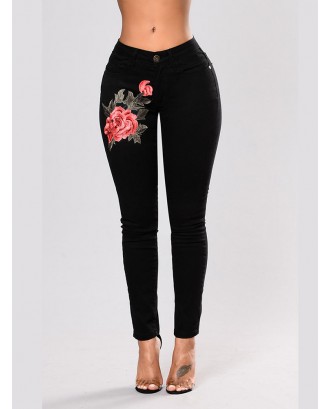 Stretch Flower Embroidered High Waist Jeans