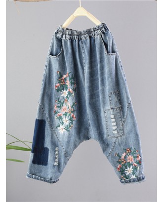 Patchwork Floral Embroidery Vintage Jeans