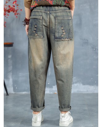 Geometric Patchwork Elastic Waist Jeans For Women