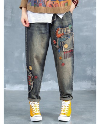 Elastic Waist Embroidered Patch Ripped Jeans For Women