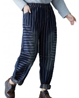 Women Vintage Striped Elastic Waist Loose Harem Jeans With Pockets