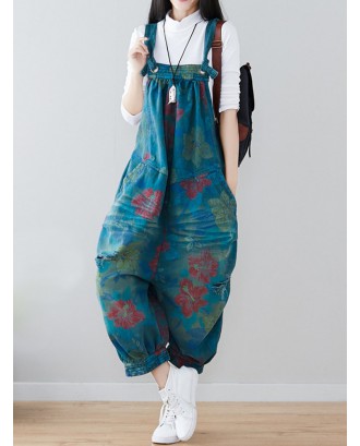 Casual Flower Printed Hole Double Pockets Loose Jumpsuits For Women