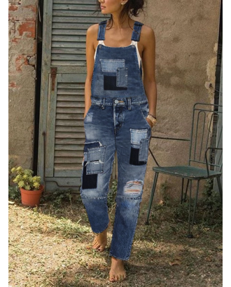 Patchwork Ripped Straps Denim Jumpsuit For Women