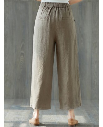 Pure Color Wide Leg Pockets Elastic Waist Casual Pants