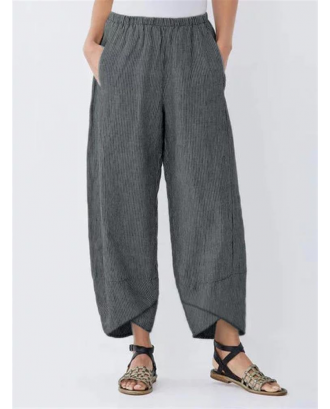 Vintage Striped Asymmetrical Elastic Waist Pockets Pants