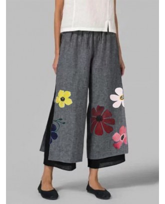 Casual Floral Print Two Layer Elastic Waist Capris